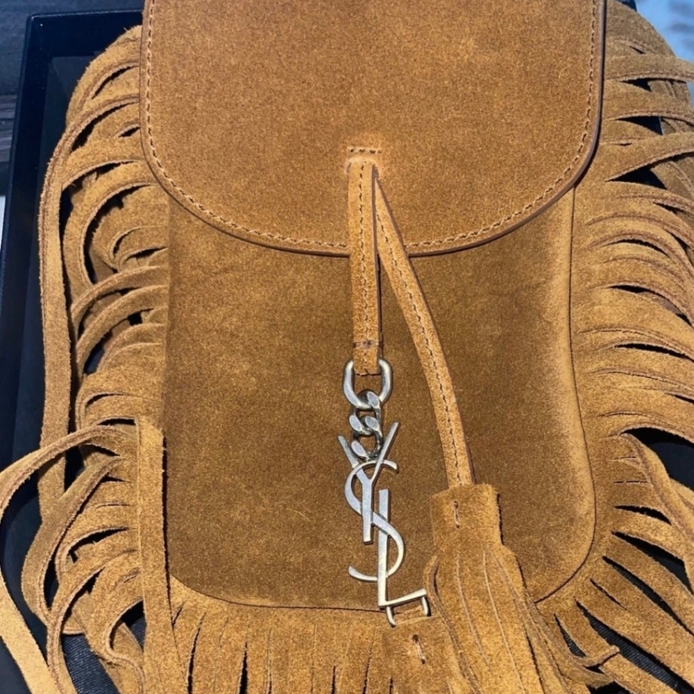 Authentic YSL Saint Laurent pouch mono light suede leather fringe crossbody bag